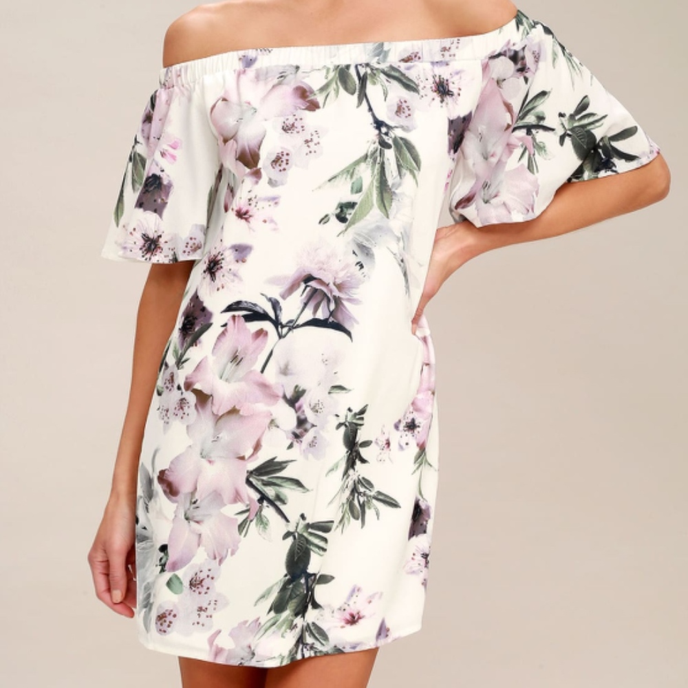 Lulu's Floral Off-Shoulder Dress in Pink/Purple and Green